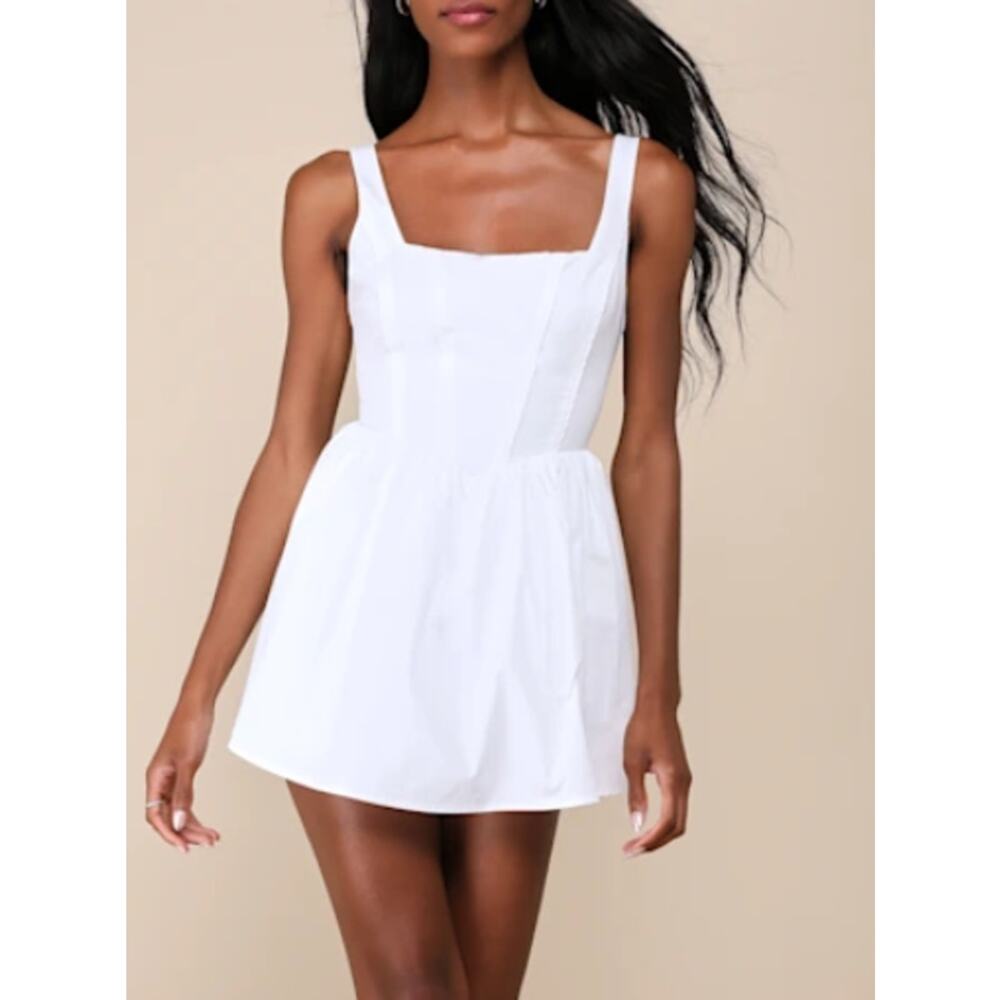 LULU'S XL Endearing Energy White Poplin Square Neck Bustier Skort Romper nwt 0b8